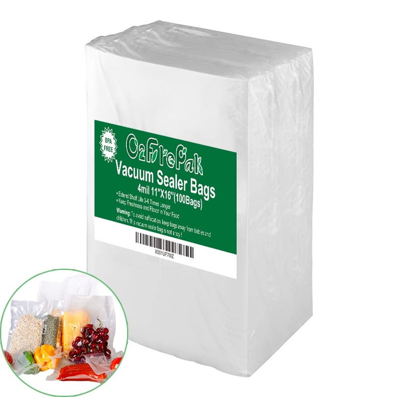 O2frepak 100 Gallon Size 11" x 16" 4mil Thick Vacuum Sealer Bags with BPA Free and Puncture Prevention,Vacuum Seal Freezer Bags,Great for Sous Vide Vaccume Sealer PreCut Bags - Image 1
